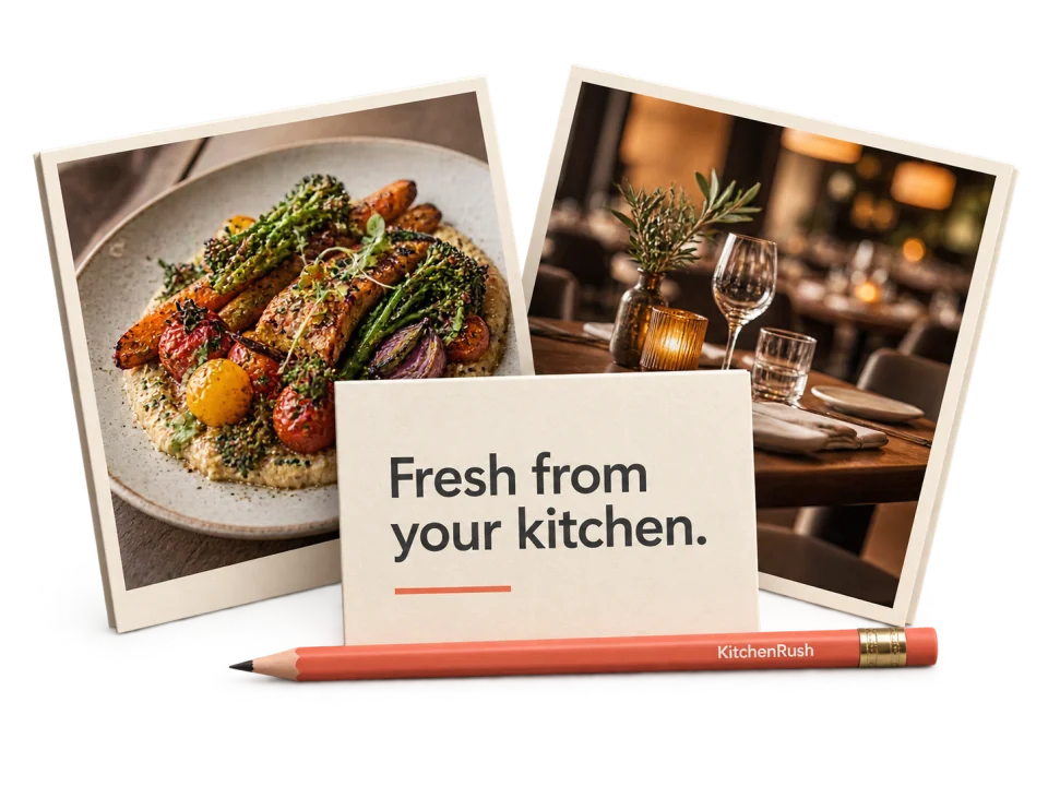 Restaurant photographs, a campaign note, and a coral pencil arranged on an editorial desk.