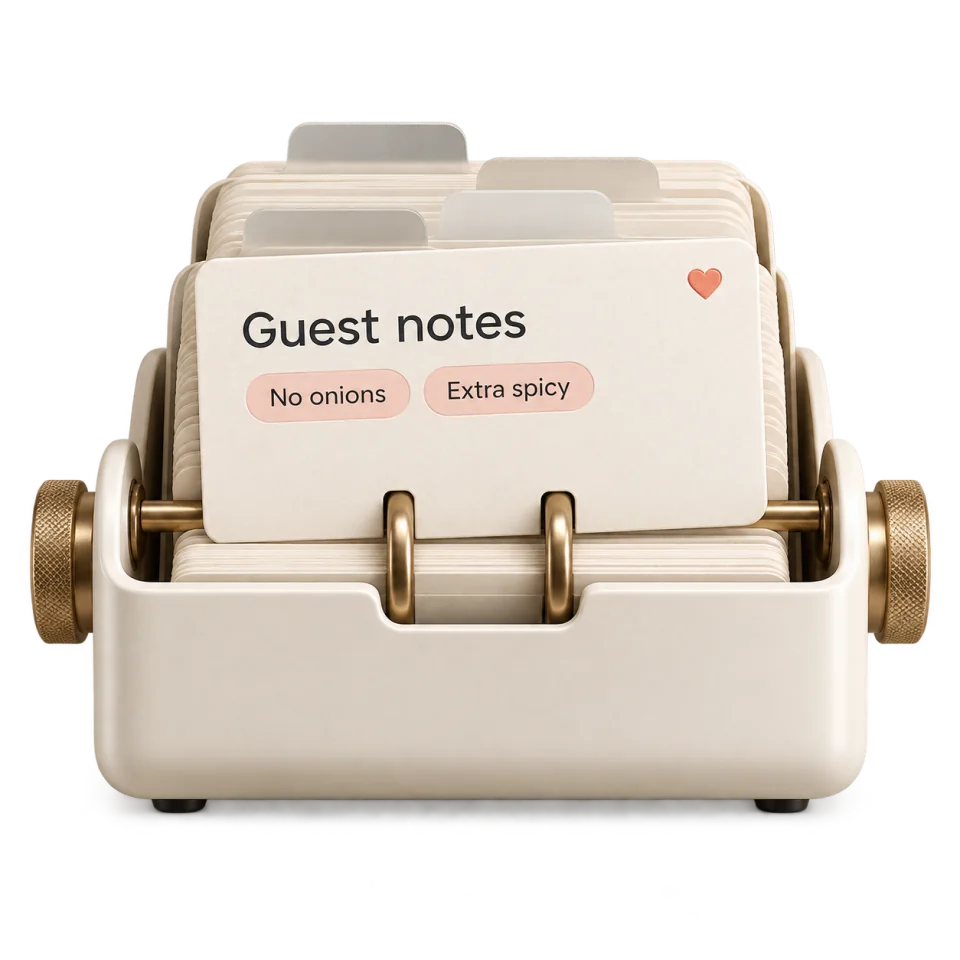 A front-facing guest card file with thoughtful food preferences and a coral heart.