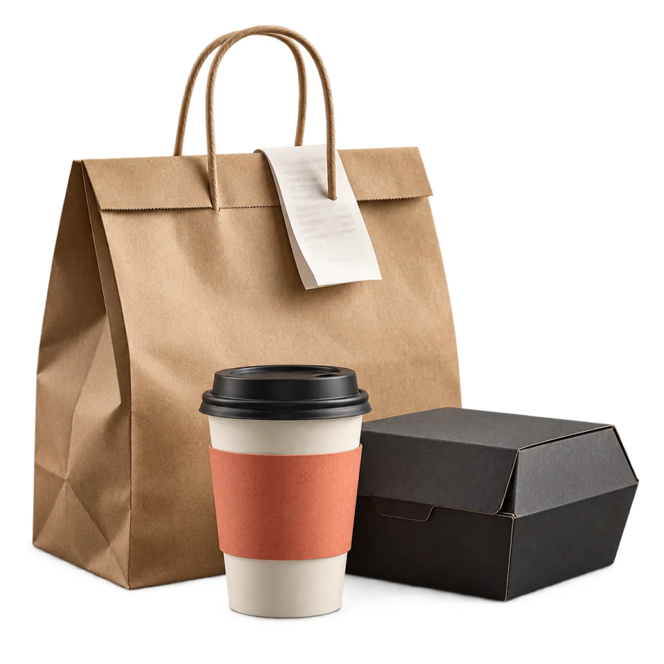 A kraft takeaway bag, sealed meal box, and coral-sleeved drink, ready for the journey.