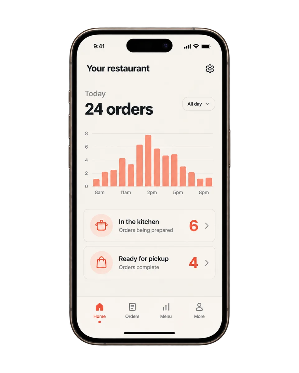 A front-facing phone showing a restaurant’s orders, kitchen activity, and pickup queue.