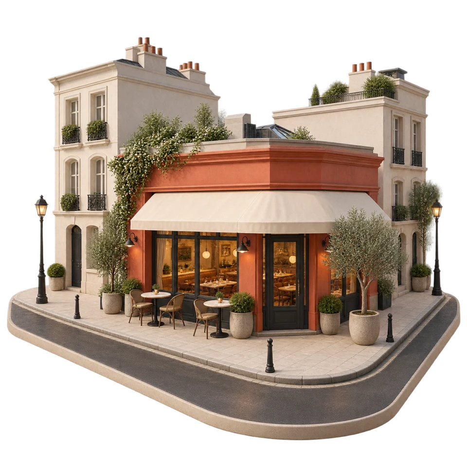 An isolated architectural render of a warm coral restaurant on a neighborhood street corner
